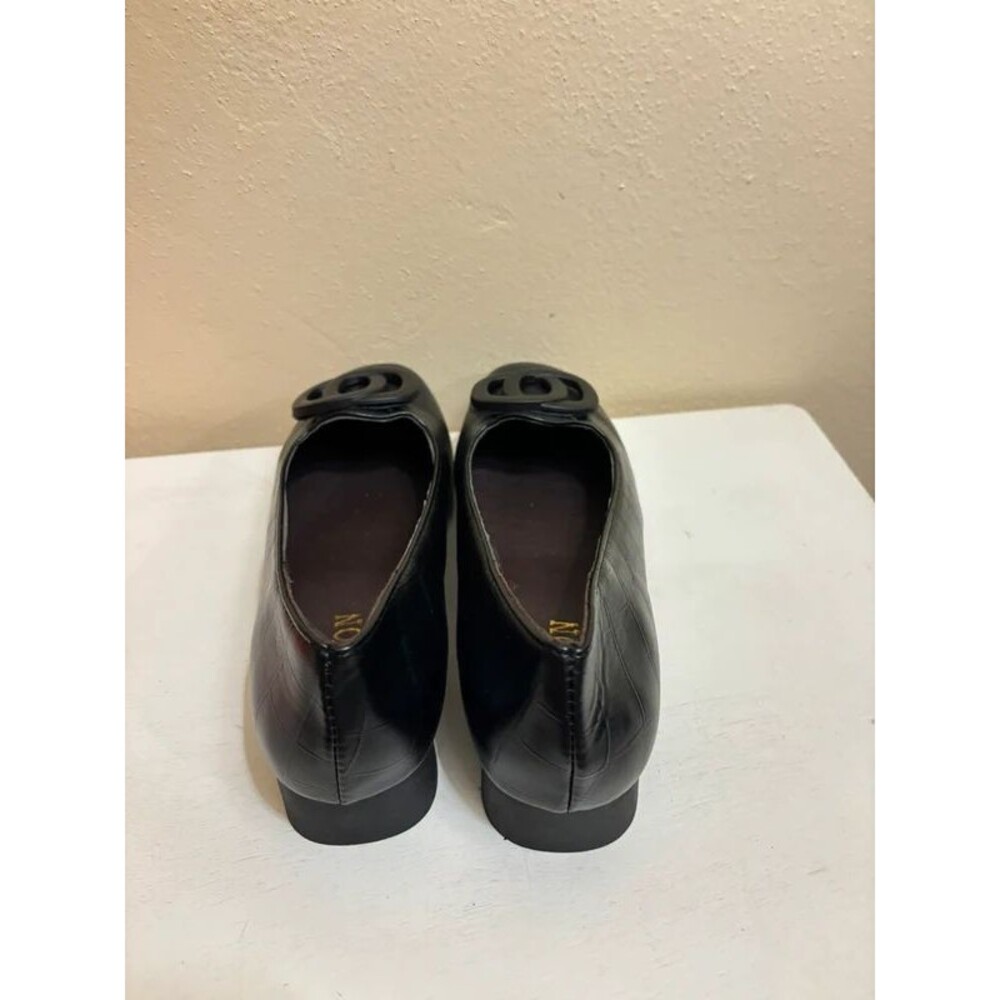 Women's Black Faux Croc Slip-On Flat Shoes with Double Ring Buckle Accent. - Picture 2 of 5